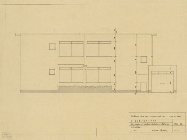 Michal Maximilián Scheer – Rodinný dom generálneho riaditeľa Fr. Kouta v Ružomberku. Západný pohľad. M 1:50 