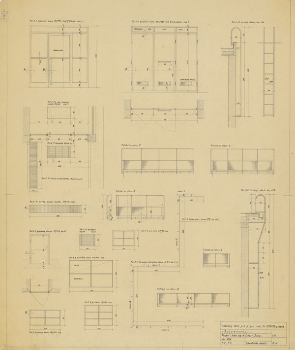 Michal Maximilián Scheer – Rodinný dom generálneho riaditeľa Fr. Kouta v Ružomberku. Zámočnícke detaily. Dvere, rebrík, mreže, okná a zábradlie. M 1:5, M 1:2 