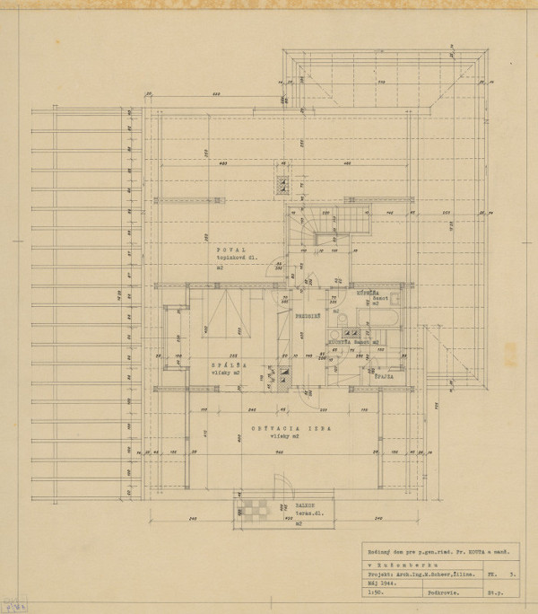 Michal Maximilián Scheer – Rodinný dom generálneho riaditeľa Fr. Kouta v Ružomberku. Pôdorys podkrovia. M 1:50 