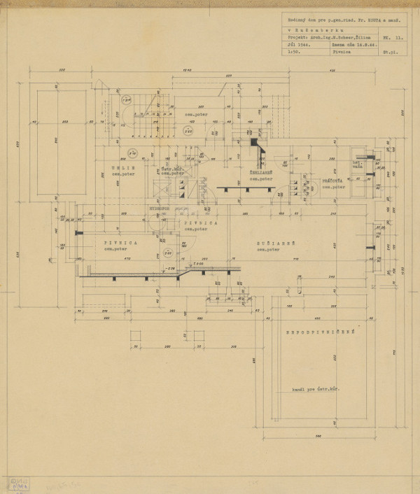 Michal Maximilián Scheer – Rodinný dom generálneho riaditeľa Fr. Kouta v Ružomberku. Pôdorys pivnica. M 1:50 