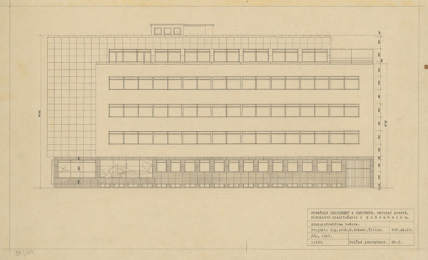 Michal Maximilián Scheer – Administratívna budova, Ružomberok. Juhovýchodný pohľad. M 1:100 