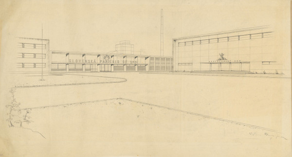 Michal Maximilián Scheer – Závod SUPRA - Považské celulózky a papierne, n.p. v Ružomberku. Administratívna budova. Perspektíva. M 1:200. 