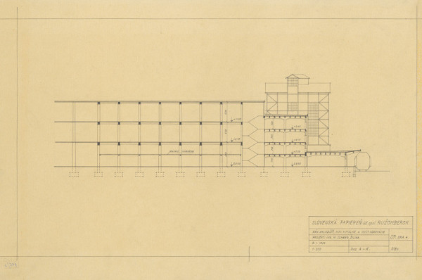 Michal Maximilián Scheer – Návrh skladišťa, nová kotolňa a vnútorné adaptácie Slovenských papierní v Ružomberku. Rez A-Á. M 1:200. 