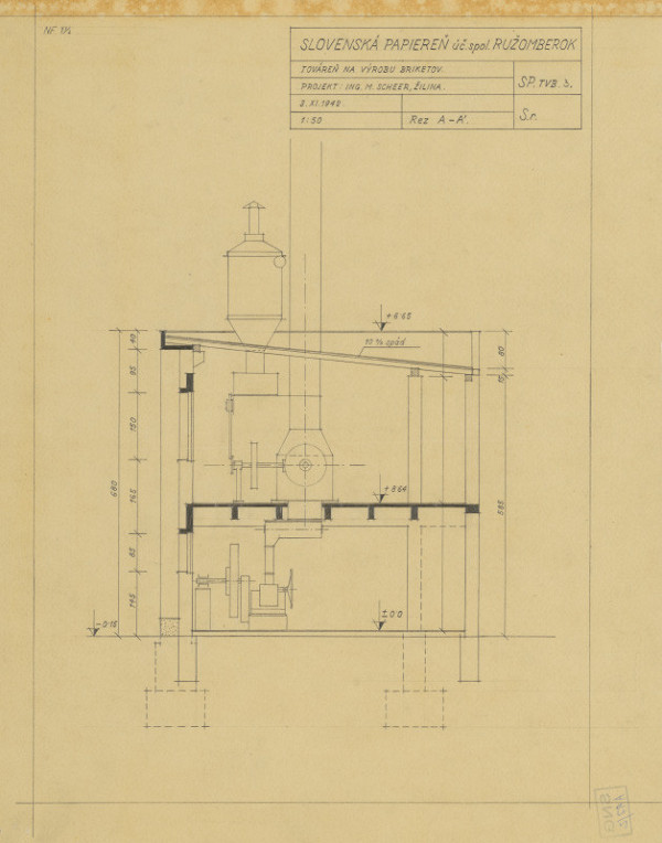 Michal Maximilián Scheer – Továreň na výrobu briketov - Slovenská papiereň, úč. spol. Ružomberok. Rez A-A´. M 1:50. 