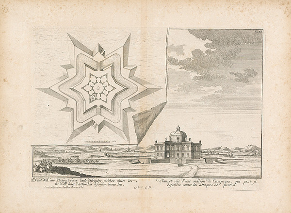 Johann Bernhard Fischer von Erlach – Pôdorys a pohľad na budovu v krajine 