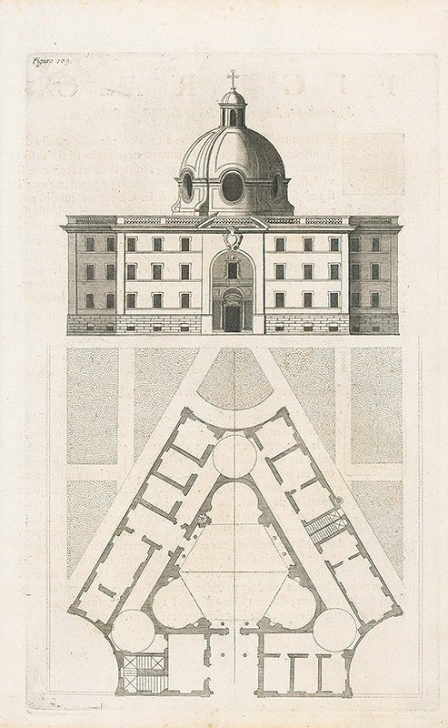 Andrea Pozzo, Giacomo Böemo Komarek – Fig.109. - Projekt a vonkajšia výška stavby jedného Collegia