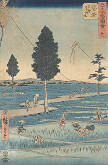 Utagawa Hirošige – Kite-flying over the Rice Fields (28th sheet from the series of 53 well-known views of the Western Japan; Work at the Rice Fields and Children with Kites 