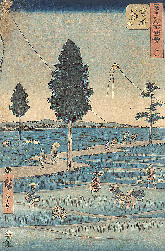 Utagawa Hirošige – Púšťanie drakov nad ryžovými poliami (28. list zo série 53 známych pohľadov zo západného Japonska)