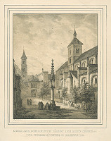 Domenico Quaglio – Bývalý dvor Dómu spolu so starou farou a Dolným kláštorom v Regensburgu 