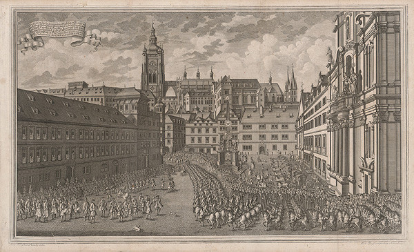 Johann Joseph Dietzler, Martin Tyroff – Slávnostný pochod vojsk cez Malostranské námestie pri príležitosti korunovácie Márie Terézie za českú kráľovnú v Prahe v roku 1743