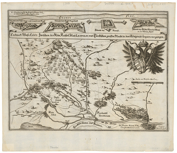 Kaspar Merian – Mapa tureckých bojov na juhozápadnom Slovensku v roku 1663