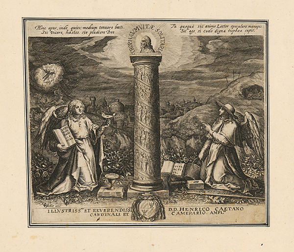 Maarten de Vos st., Neznámy grafik – Náboženská alegorická scéna, titulný list albumu o svätých pustovníkoch 