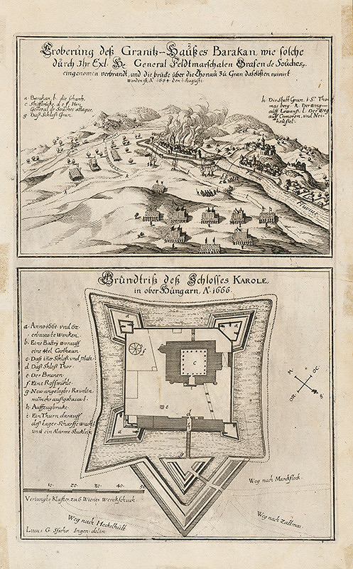 Neznámy grafik – Pohľad na obliehanie Štúrova (Barakan) - Pôdorys pevnosti Nagykaroly, dvojobraz
