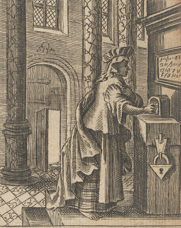 Nemecký autor zo 17. storočia – Dáma vkladajúca do pokladničky almužnu