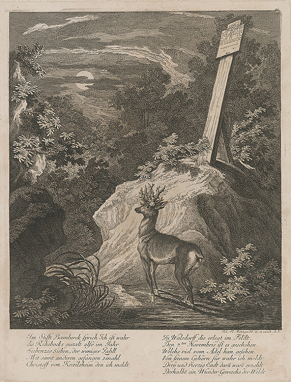 Johann Elias Ridinger – Srnec s degenerovaným parožím 