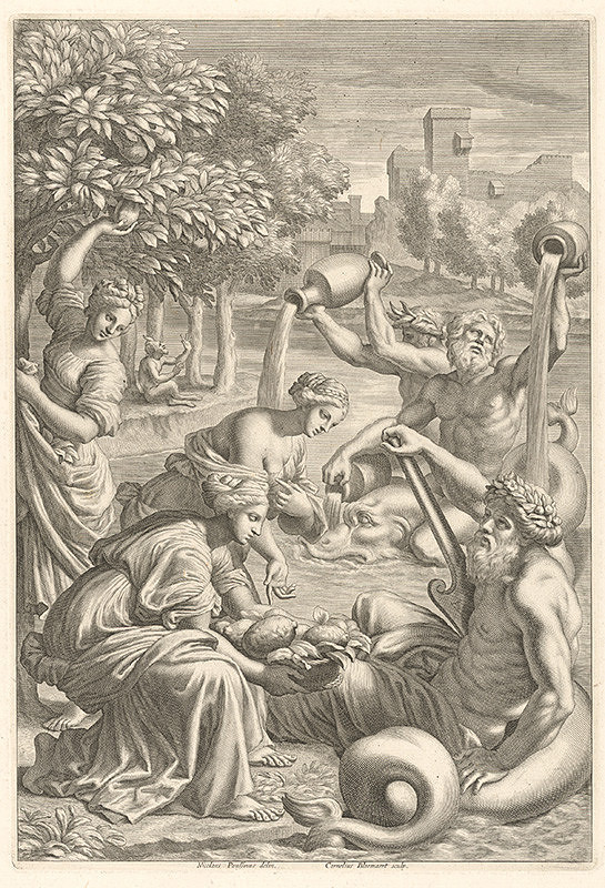 Cornelis Bloemaert, Nicolas Poussin – Hesperidky obetujú prvé citróny bohu jazera Garda