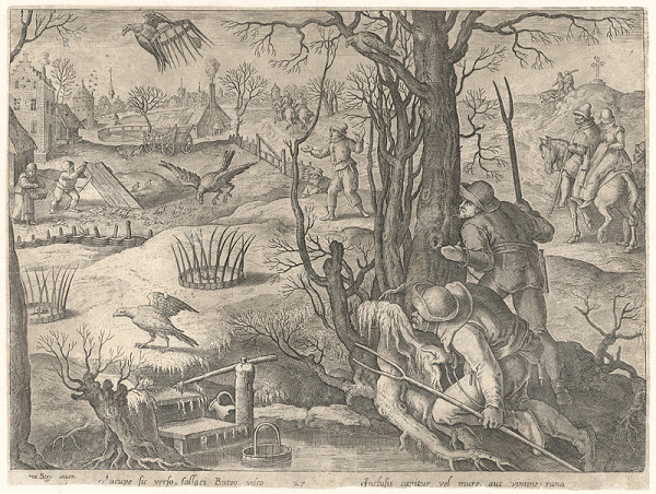 Jan van der Straet, Neznámy flámsky rytec, Philip Galle – Lov na kane s pascami v zime
