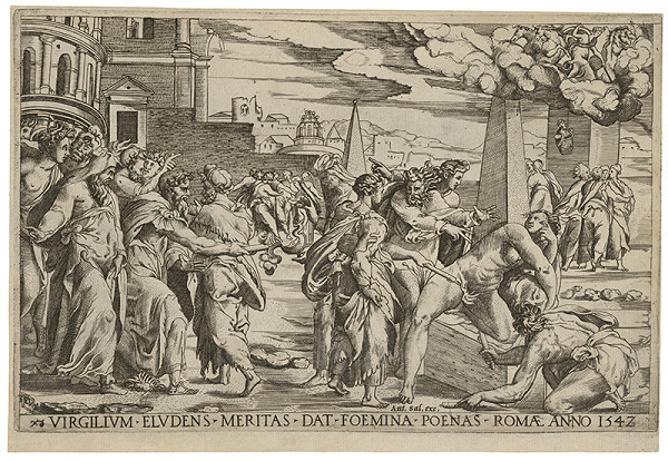 Taliansky grafik E.V. zo 16. storočia – Trest za stratu panenstva 