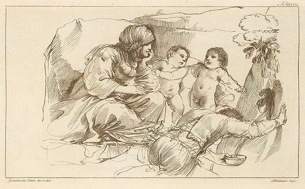 Stefano Mulinari, Guercino – Muž čerpajúci vodu z prameňa a sediaca žena s dvomi deťmi