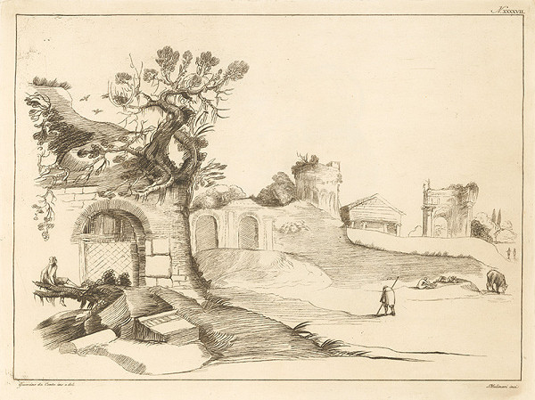 Stefano Mulinari, Guercino – Antická krajina s ruinami a figurálno-animálnou štafážou 