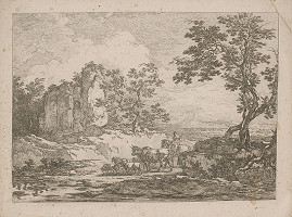 Francúzsky autor z 18. storočia – Romantická krajina so stádom 