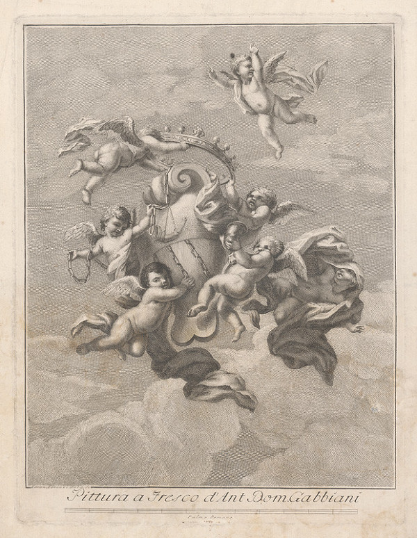 Lorenzo Lorenzi – Fresková maľba Domenica Gabianiho (Letiaci anjelici s korunou, reťazou, architektonickou volútou, drapériou a dvomi hlásnymi rohmi)