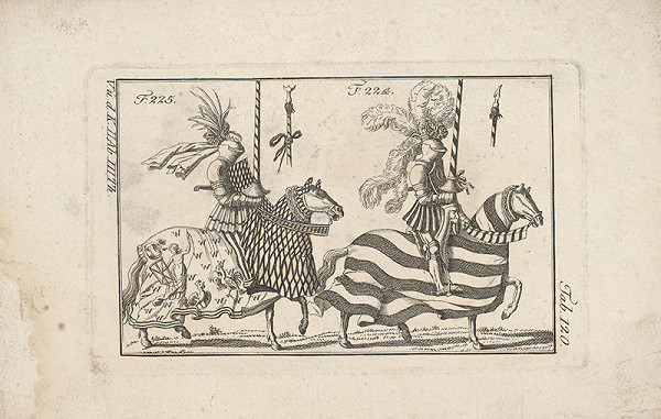 Západoeurópsky autor z 18. storočia – Dvaja turnajoví rytieri:Prvý s vencom a fábormi,druhý s vencom na bohatom chocho 