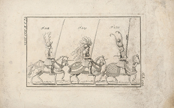 Západoeurópsky autor z 18. storočia – Traja turnajoví rytieri:prvý s parožím,druhý s chocholom a vencom,tretí s vysoký 