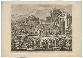 Jan Luyken – Lystrenčania privádzajú býkov obetovať Pavlovi a Barabášovi 