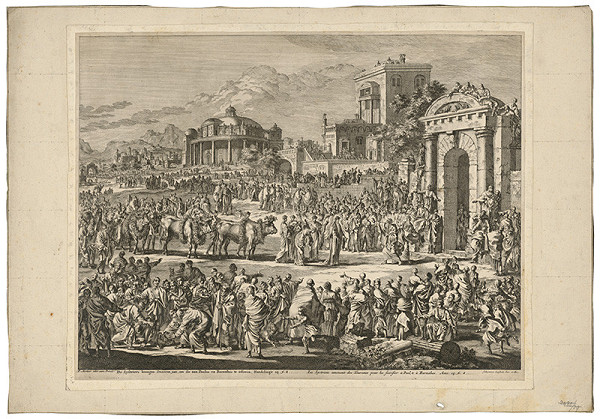 Jan Luyken – Lystrenčania privádzajú býkov obetovať Pavlovi a Barabášovi 