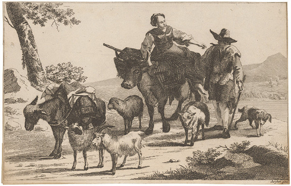 Nicolaes Berchem – Sedliacky pár so zvieratami na ceste