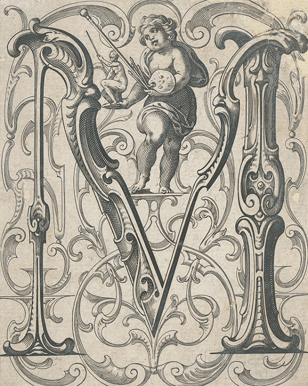 Stredoeurópsky grafik zo 16. storočia – Iniciála M so symbolmi maliarstva