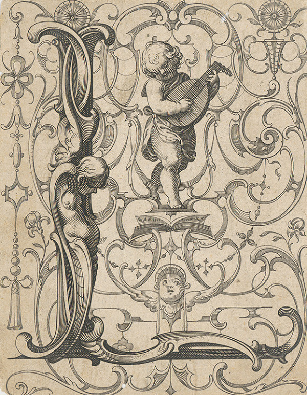Stredoeurópsky grafik zo 16. storočia – Iniciála L s Puttom,hrajúcim na lutnu