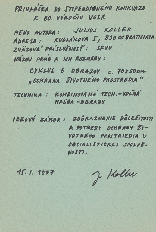 Július Koller – Archív JK/Prihláška do štipendijného konkurzu k 60. výročiu VOSR 