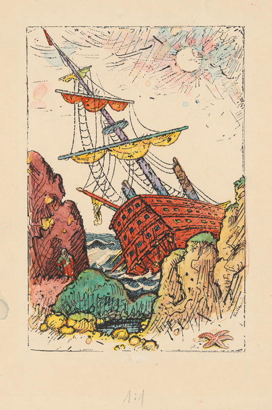 Ľudovít Fulla – Stroskotaný koráb, ilustrácia ku knihe Janko Hráško a iné rozprávky, 1957