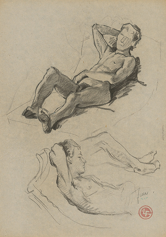 Ľudovít Fulla – Štúdia ležiaceho mužského aktu a fyzionomických detailov 