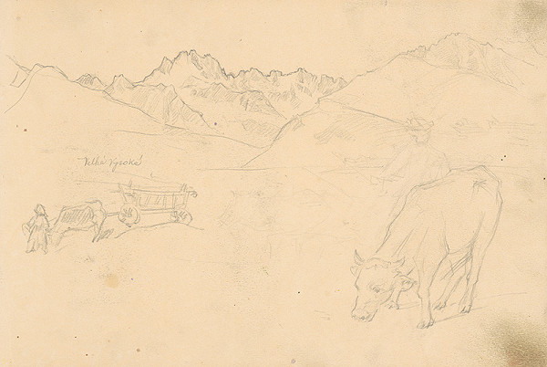 Jaroslav Augusta – Náčrt krajiny s pasúcou sa kravou v popredí  