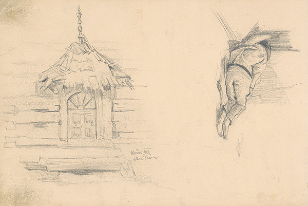 Jaroslav Augusta – Náčrt starej brány vo Važci a ležiacej mužskej figúry  