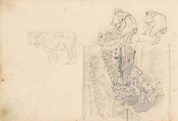 Jaroslav Augusta – Náčrt krajiny s ľudovou architektúrou, kravy a dvoch figúr  