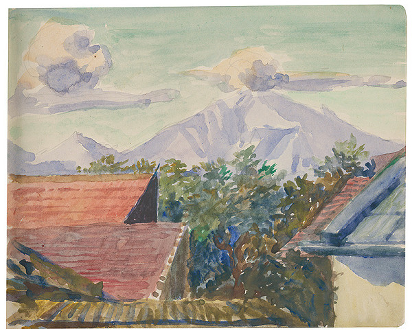 Margita Czóbelová – Náčrt výhľadu na vrch so strechami domov