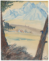 Margita Czóbelová – Náčrt krajiny s horskými štítmi na pozadí  