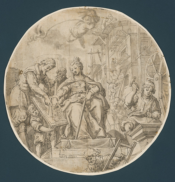 Johann Matthias Kager – Personifikácia architektúry radí architektovi – návrh na alegorickú nástropnú maľbu Civitates conduntur v Zlatom sále augsburskej radnice