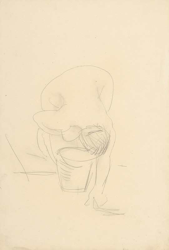 Jozef Kostka – Umývajúca sa.Sklonený ženský akt spredu 