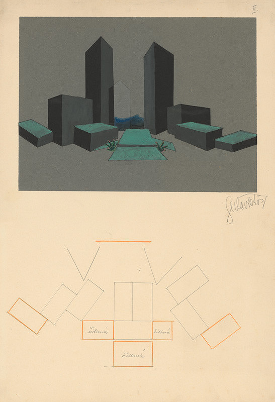 Ľudovít Fulla – Skica k scénickému návrhu k inscenácii V. Dyka: Zmúdrenie Dona Quijota II.   