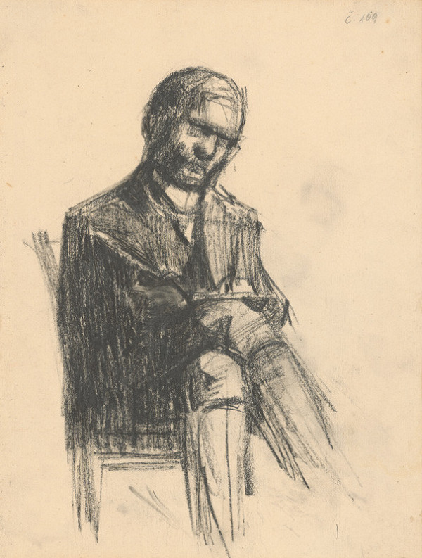 Eduard Putra – Štúdia sediaceho muža píšuceho na kolenách brkom 