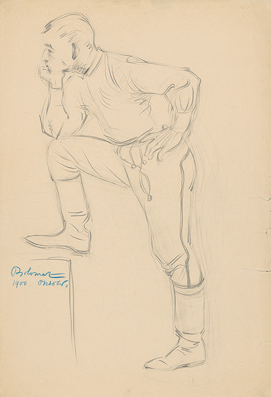 Milan Thomka Mitrovský – Study of a Young Man in a Folk Costume Leaning His Elbow on His Elevate Leg 