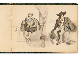 Július Odescalchi – Historizujúca scéna. Muž v dobovom renesančnom odeve. Sedliak s palicou 