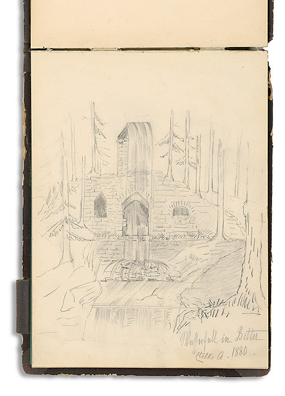 Andrássy, Adelheid Odescalchi – Pohľad na vodopád v parku Kaštieľa v Betliari. Náčrty ženskej tváre (obojstranné) 