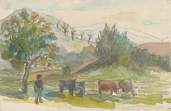 Jozef Ilečko – Krajina s vozom a pasúcimi sa dvomi volmi 