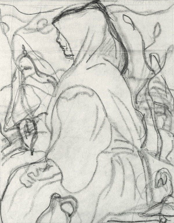 Zolo Palugyay – Sediaca žena v ľudovom odeve z boku